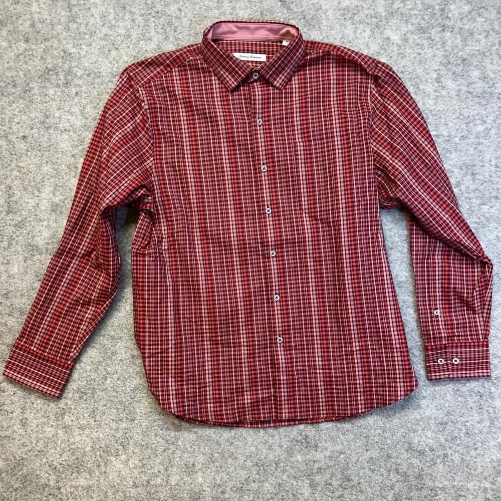 Tommy Bahama Plaid Button Down‎ Mens Medium Red Silk Blend Excellent Long Sleeve